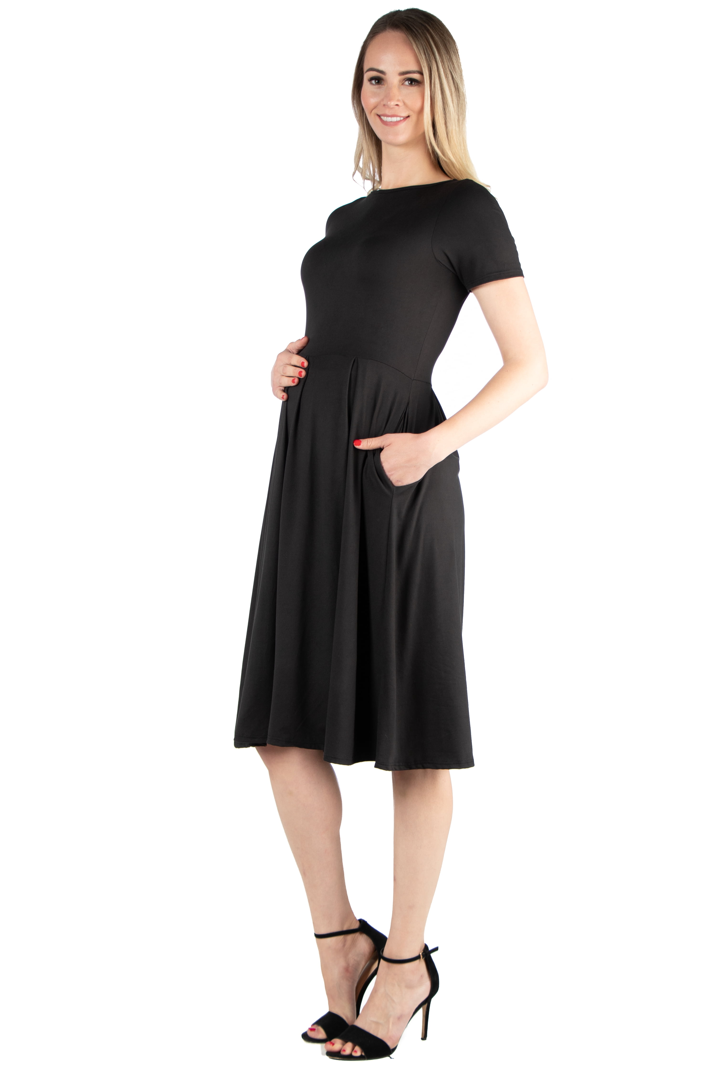 24seven Comfort Apparel Short Sleeve Maternity Midi Skater Dress With Pockets