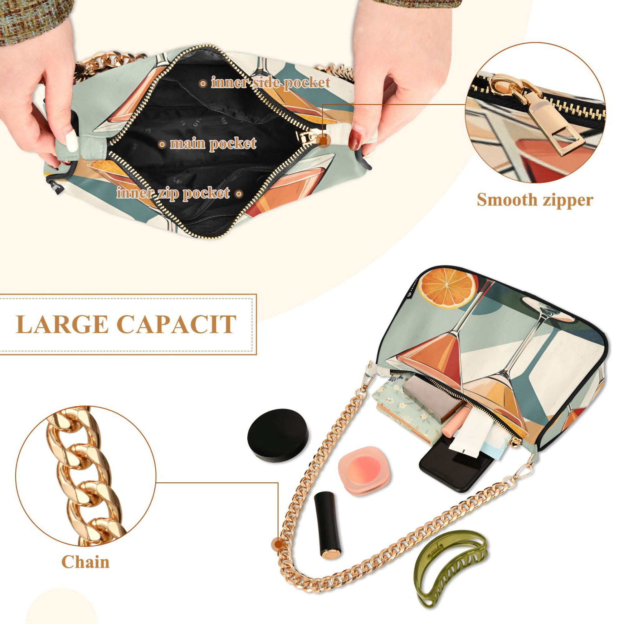 FORMRS Womens Shoulder Bag with Chain Strap Clutch Purse Cute Tote Handbag, Mid Century Orange Juice