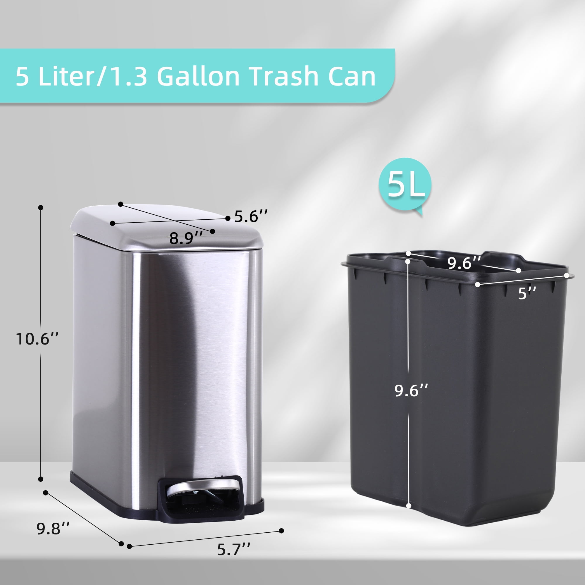 CL.HPAHKL Small Bathroom Trash Can with Soft Close Lid, 1.3 Gallon Stainless Steel Garbage Can with Removable Inner Bucket, Foot Pedal, Mini Trash Bin for Toilet, Home Office (Silver)