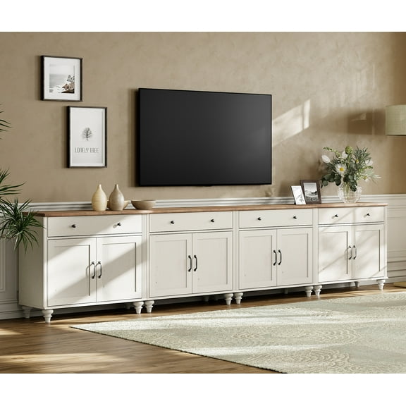 White Farmhouse TV Stand with 8 Doors and 4 Drawers, Suitable for 85 inch TV, Entertainment Center TV Console Table for Living Room or Bedroom