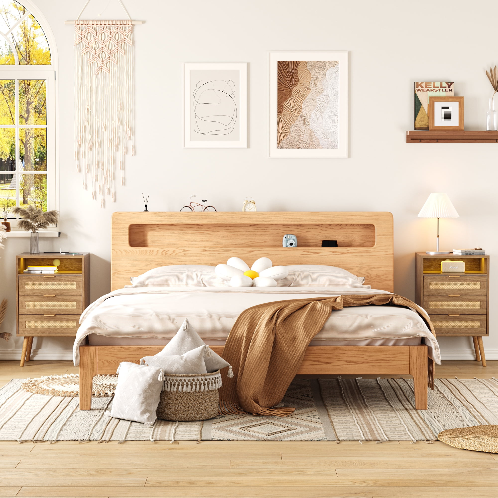 Vabches Rattan Nightstand Set of 2 with Charging Station and 3 Drawers for Bedroom, Living Room
