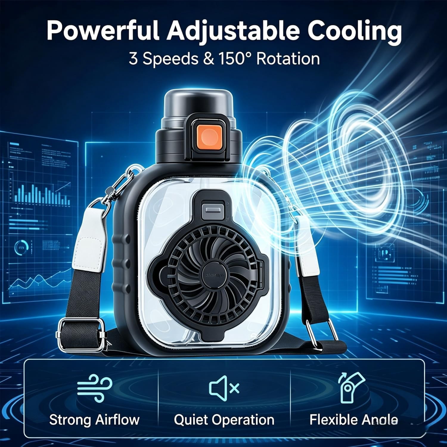 USB Rechargeable Fan Water Bottle 33oz Stainless Steel Outdoor(Black)