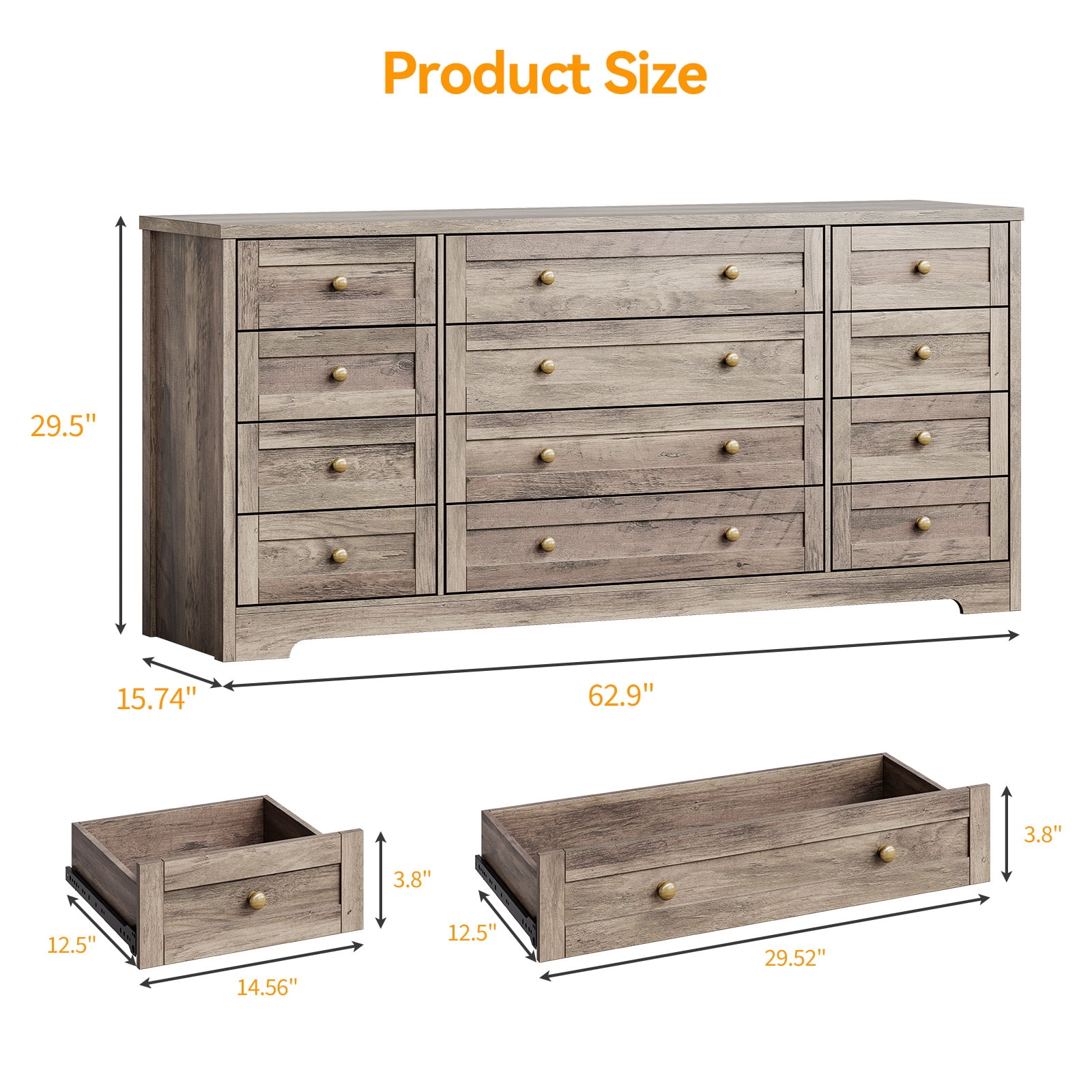 12-Drawer Wood Dresser for Bedroom - 65" Wide Modern Chest of Drawers with Soft-Close Glides,Wood TV Stand for Living Room & Hallway Storage