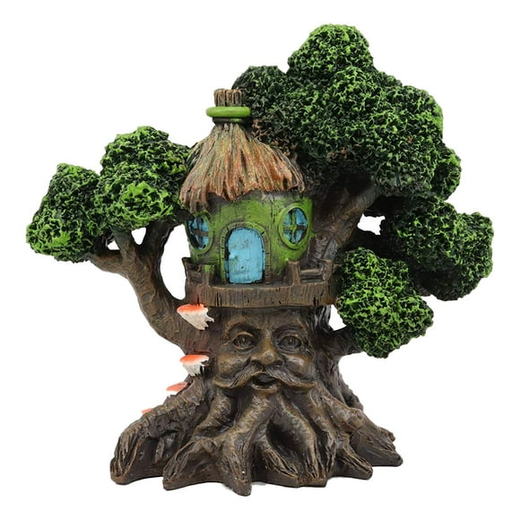 Ebros Whimsical Forest Ent Greenman Cottage Nook Green Hut Tree House Statue with Mushroom Conk Steps 6.5" High As Fairy Garden Treehouse Accessory Decor for Home Collectible Figurine