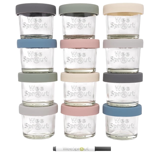 Tarros de cristal para almacenamiento de alimentos para bebés, juego de 12, tarros de 4 oz para alimentos para bebés con tapas, almacenamiento en el congelador, recipientes de vidrio pequeños reutilizables para alimentos para bebés, aptos para microondas y lavavajillas, para bebés y bebés Variedad mate4 oz (tapas de silicona + vidrio en relieve)