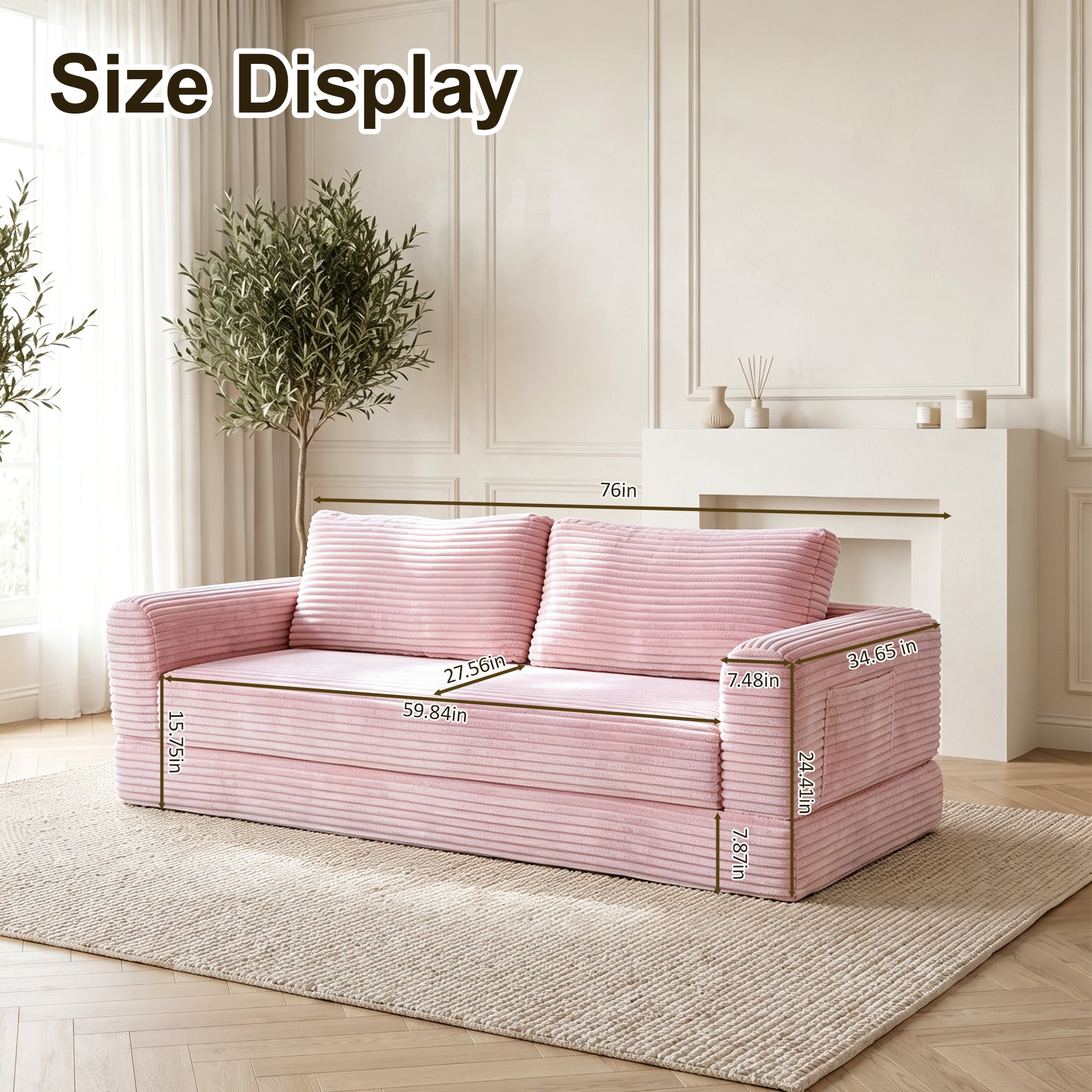 76" Convertible Futon Sofa Bed,Folding Boneless Floor Couch with Deep Seat,Cloud Corduroy Fold Out Sleeper Sofa with Memory Foam Cushion for Living Room,Bedroom,Pink