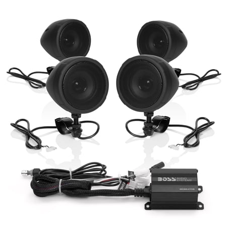 Restored Premium BOSS Audio Systems MCBK470B 3 inch Motorcycle Speakers and Amplifier Audio Sound System - Bluetooth 2 Channel Amplifier  Weatherproof  Volume Control  ATV UTV Compatible [Refurbished]