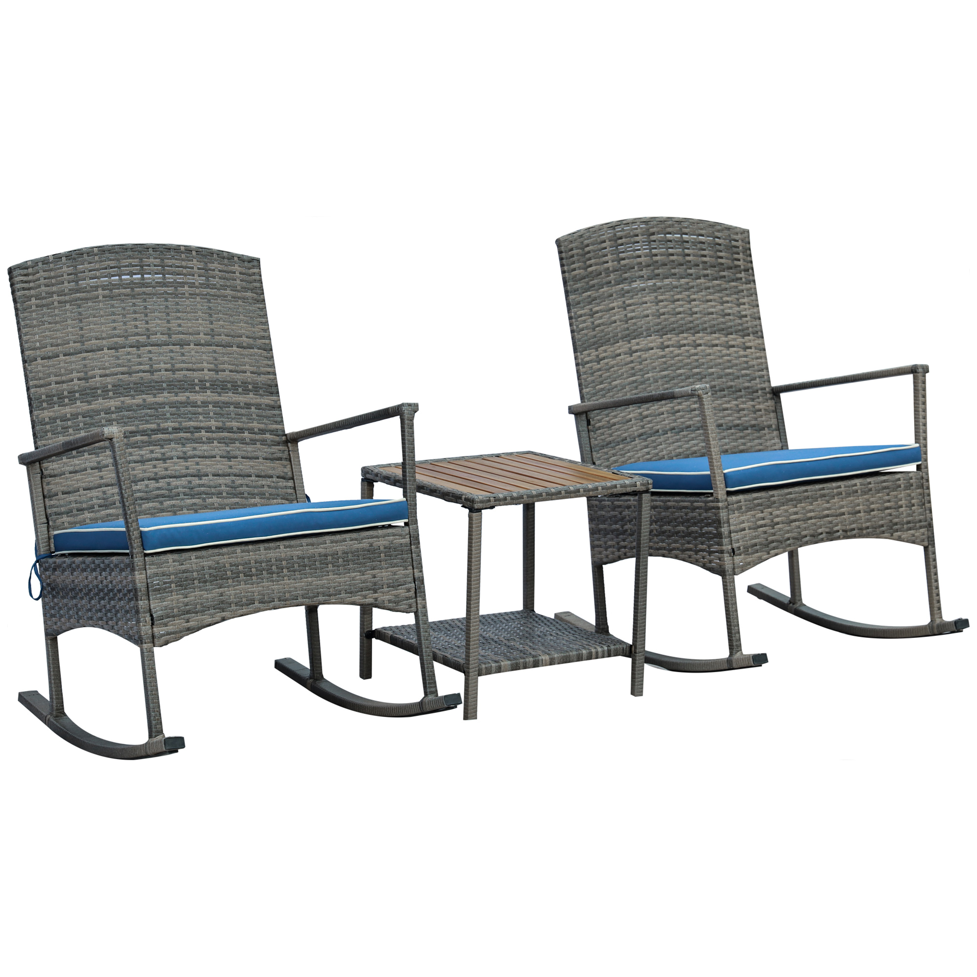Outsunny 3 Piece Outdoor PE Rattan Rocking Chair Set, Patio Wicker Recliner Rocker Chair with Soft Cushion & Nature Wood Top Coffee Table, for Garden Backyard Porch, Blue - image 1 of 9