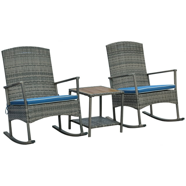 Outsunny 3 Piece Outdoor PE Rattan Rocking Chair Set, Patio Wicker Recliner Rocker Chair with Soft Cushion & Nature Wood Top Coffee Table, for Garden Backyard Porch, Blue