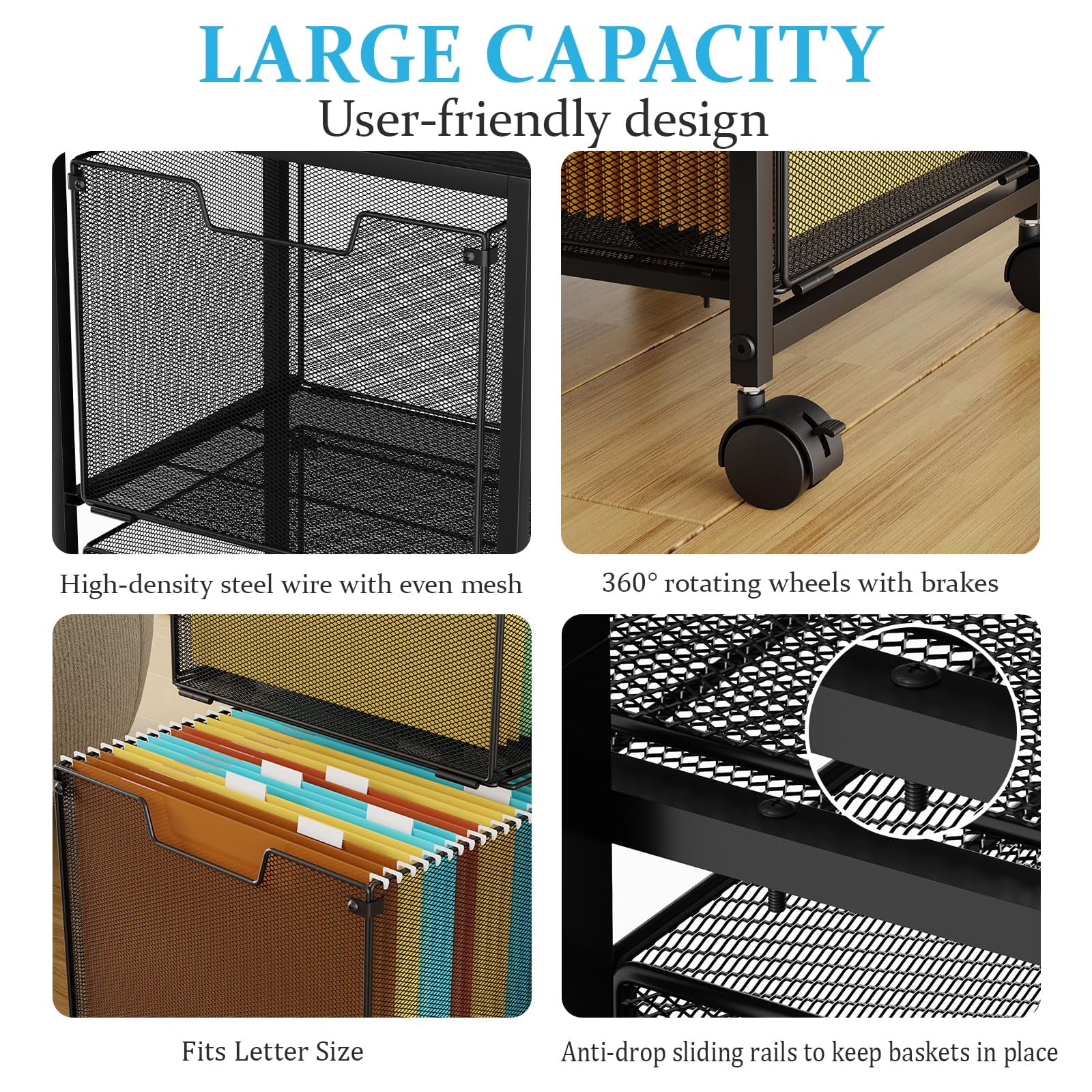 Rolling File Cart with 2 Storage Drawers, Mobile File Cabinet with Wheels, Hanging File Folder Organizer, Under Desk Storage, Printer Stand Utility Cart Filing Cabinet for Home Office,Black