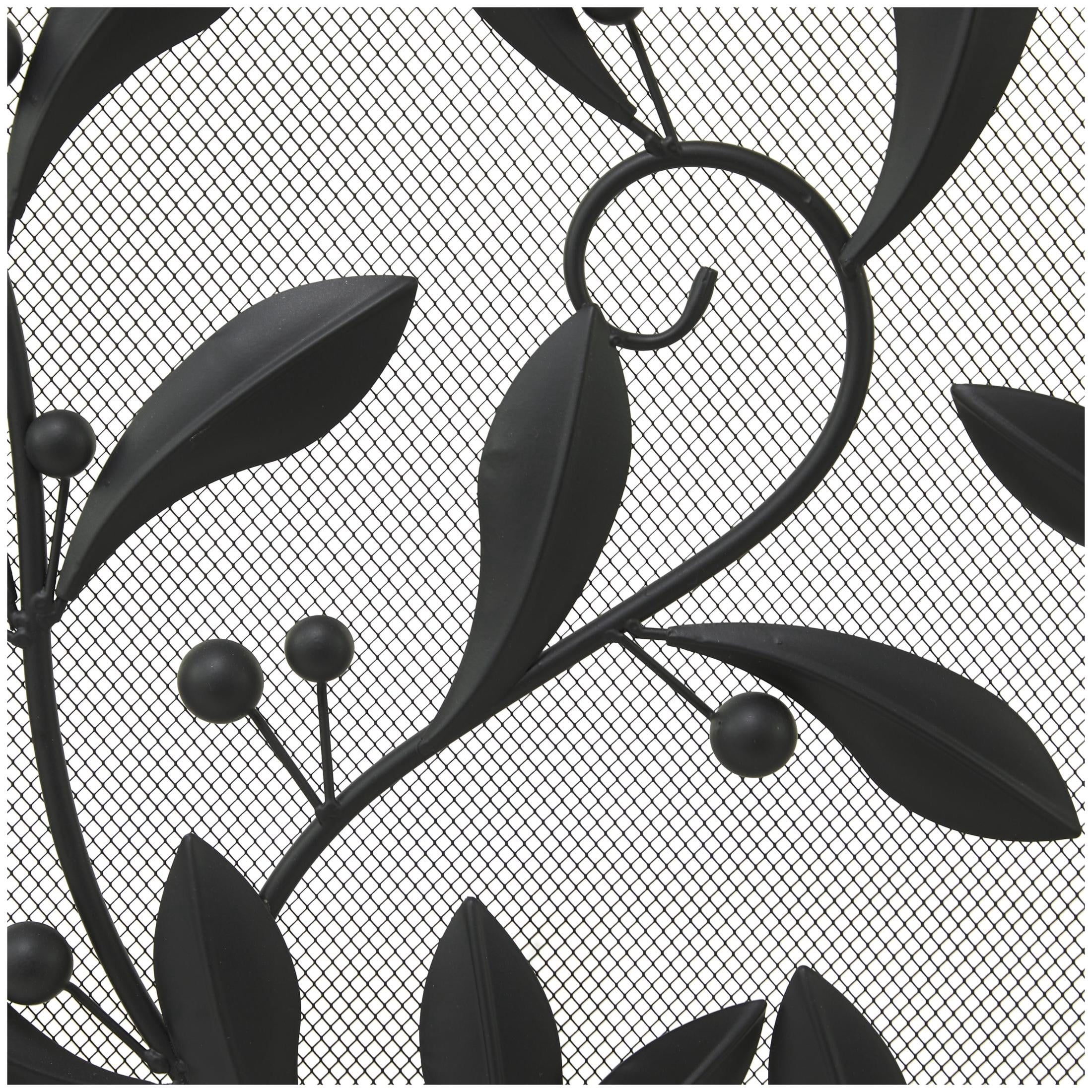 DecMode 45" x 30" Black Metal Foldable Mesh Netting 3 Panel Scroll Fireplace Screen with Leaf and Vine Relief, 1-Piece