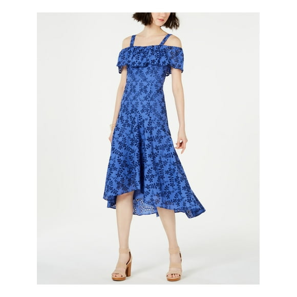 TAYLOR Womens Navy Eyelet Floral Off Shoulder Midi Party Hi-Lo Dress Petites 0P