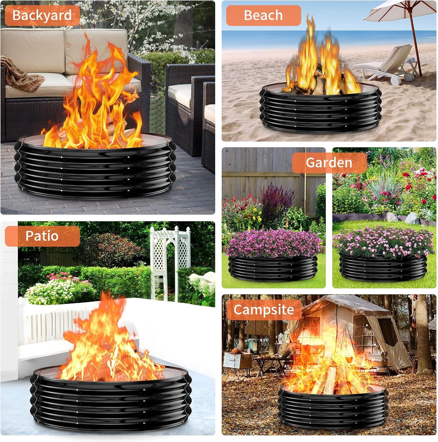 60 Inch Extra Large Heavy Duty Fire Pit Ring, 12" Tall High Heat Resistant Wood Burning Outdoor Fire Bowl, Galvanized Steel Portable for Backyard, Patio, Bonfire and Camping