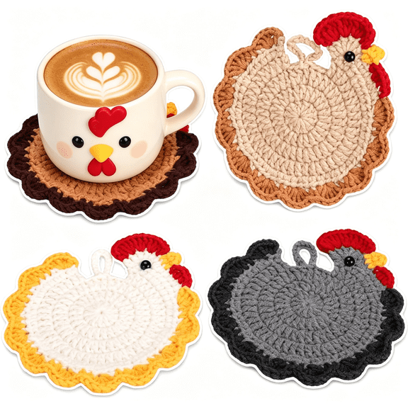NORIZF Chicken Coasters for Drinks,4 Pcs,4.7 Inches,Handmade,Crochet Cotton,Round Hanger Included,Farmhouse Home Decor,Soft Cup Mats