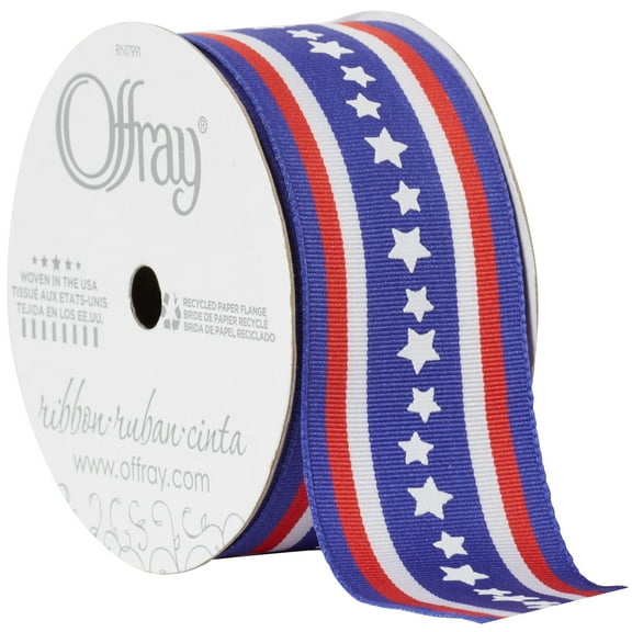 Offray Ribbon, Red, White, Blue 1 1/2 inch Patriotic Star Woven Ribbon, 9 feet