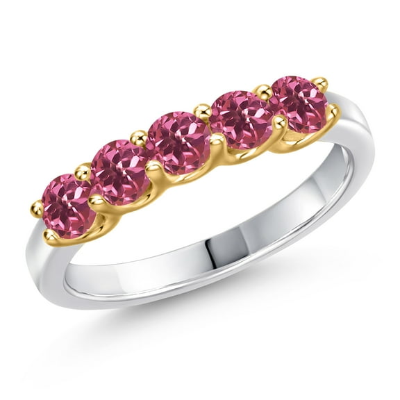 Gem Stone King 10K Two Tone Gold Pink Tourmaline Wedding-Bands Ring for Women | 0.75 Cttw | Round 3.5MM | Gemstone October Birthstone | Size 5