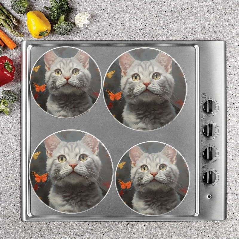BaHomeck Electric Stove Burner Covers Set of 4,Round Metal Gas Stove Burner Covers 8 Inch and 10 Inch,Kitchen Decor,Silver Tabby Cat Surrounded By Butterflies With Cute Expression