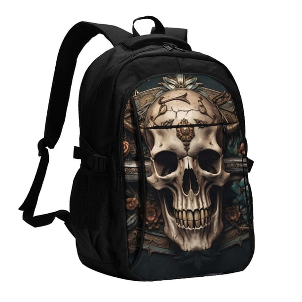 Fotbe Metal Style Horned Skull Mochila con Estampado y Puerto USB para Hombre y Mujer, Mochila Antirrobo, Mochila de Viaje, Mochila Escolar, Mochila Universitaria