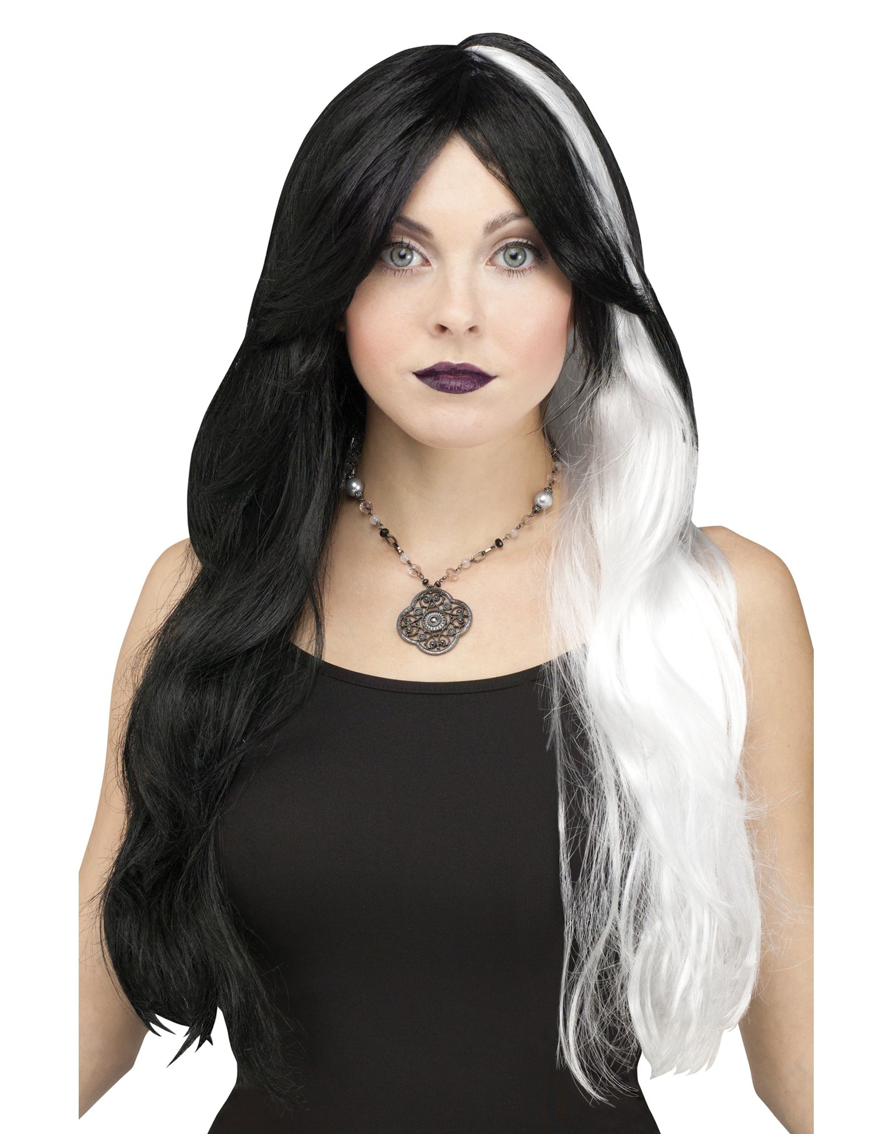 Black White Long Wig Fashion Horror Gothic Witch Adult Costume Hair
