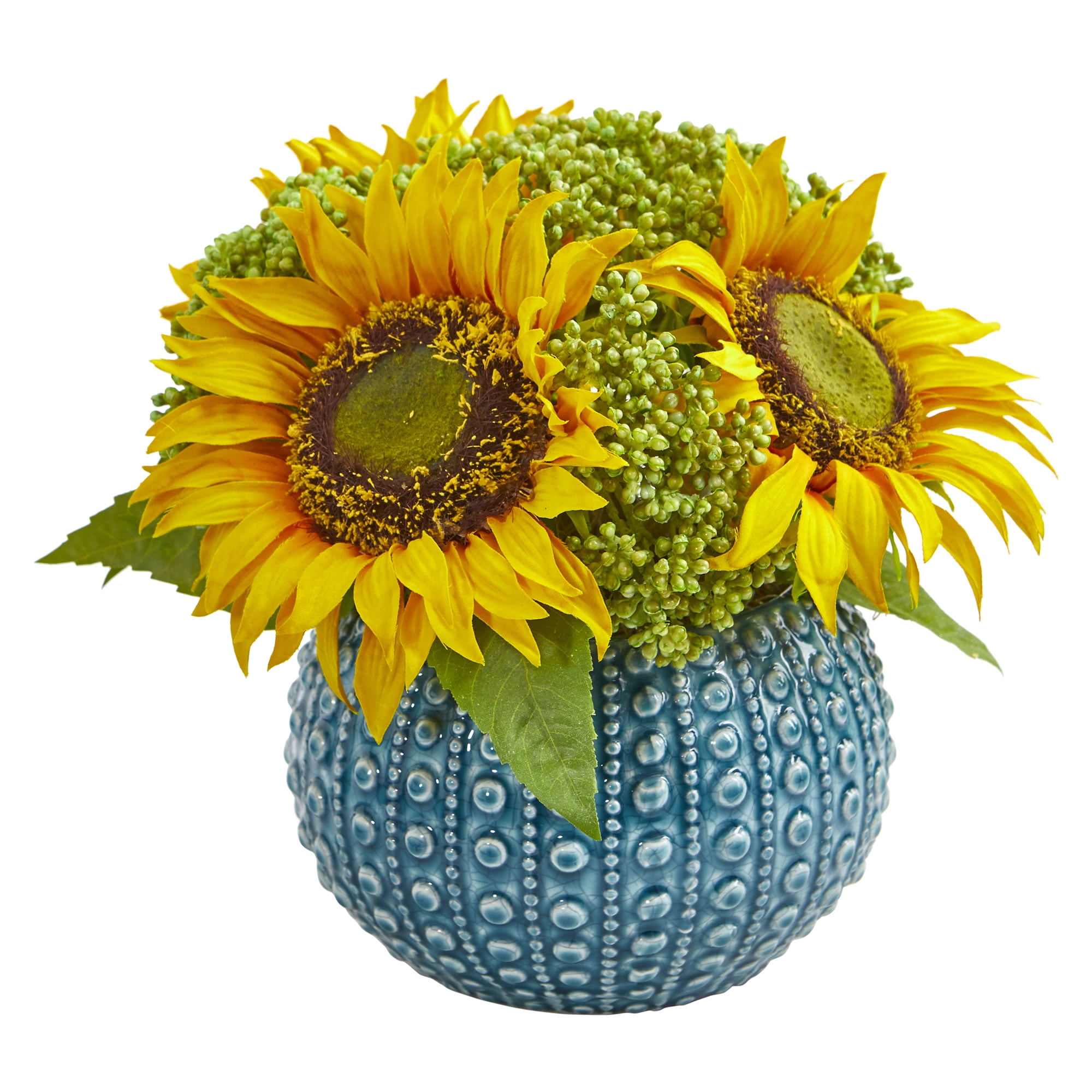 Nearly Natural Sunflower Artificial Arrangement in Blue Vase Walmart