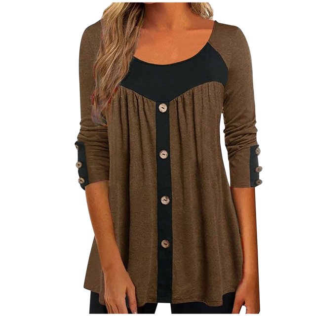 Mujeres Casual Adelgazamiento Empalme Botones Manga larga Cuello redondo Camiseta Tops Fridja bvmnju2857