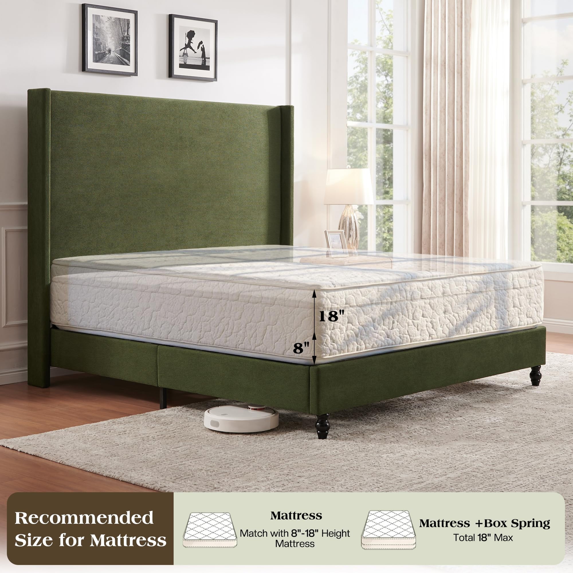 VanAcc Queen Bed Frame with 63" Tall Headboard, Horizontal Fine Corduroy Bed Frame with Upholstered Wingback, Vintage Solid Wood Gourd Legs, Green