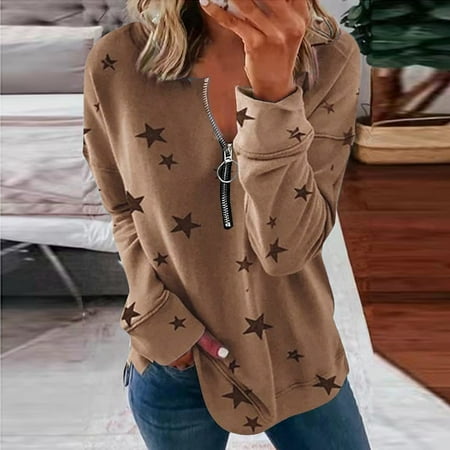 

Kakina CMSX Womens Tops Plus Size Clearance Womens Long Sleeve Tops Zipper V Neck Floral Printed Pullover Oversized Sweatshirt Loose Fit Women Tunic Blouses