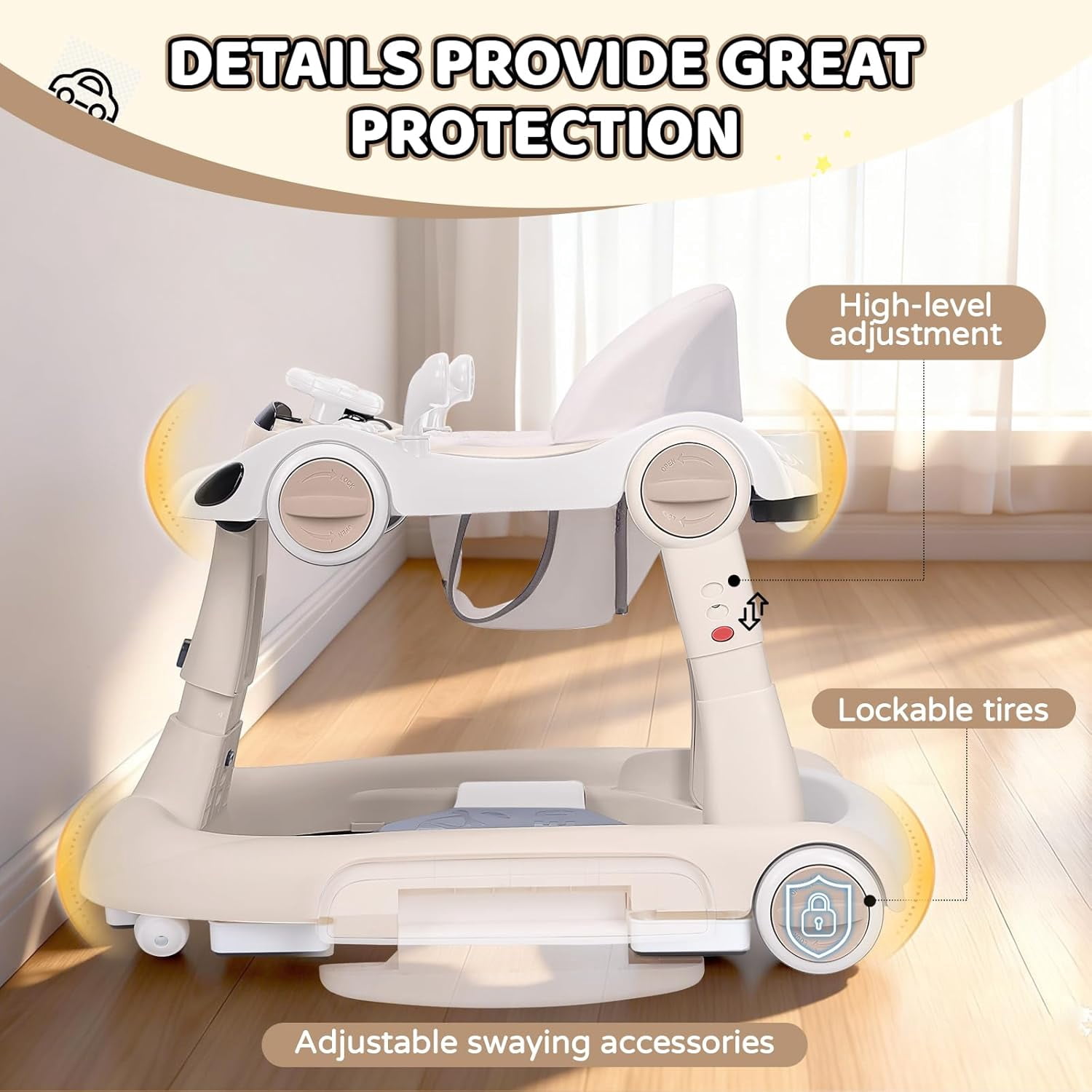 5 in 1 Baby Walker for Boys Girls,Foldable,Music,Jumper,Rocking,Push W/ 3 Height Adjustable for Infant 6-18 Months,Beige