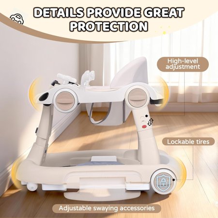 Toddler Baby Walker with Wheels, Interactive Activity Walker with Music Toy and Feeding Table