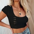 thumbnail image 7 of Crop Tops for Women Backless Lace up Crochet Short Sleeve Blouse Tops Solid Scoop Neck Slim Fit Summer Club Shirt Tops, 7 of 7