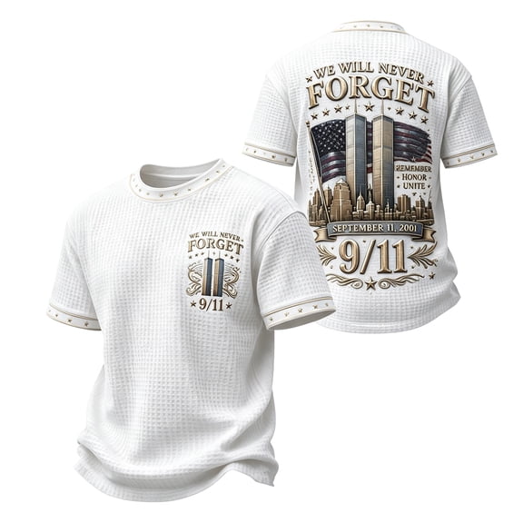 Men's 9/11 25th Anniversary Shirt Commemorative T‑Shirt Waffle Knit Crew Neck Short Sleeve Memorial Tee Vintage Graphic Casual Summer Fall Top White XXXL