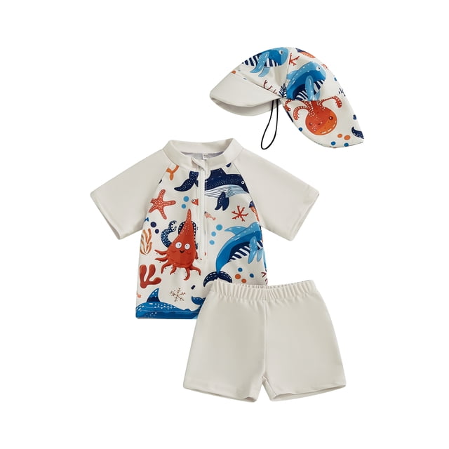Gupgi 3Pcs Baby Toddler Boy Swimsuit Summer Shark Print Swimwear Short Sleeve Zipper Rash Guard+Swim Trunks+Hat