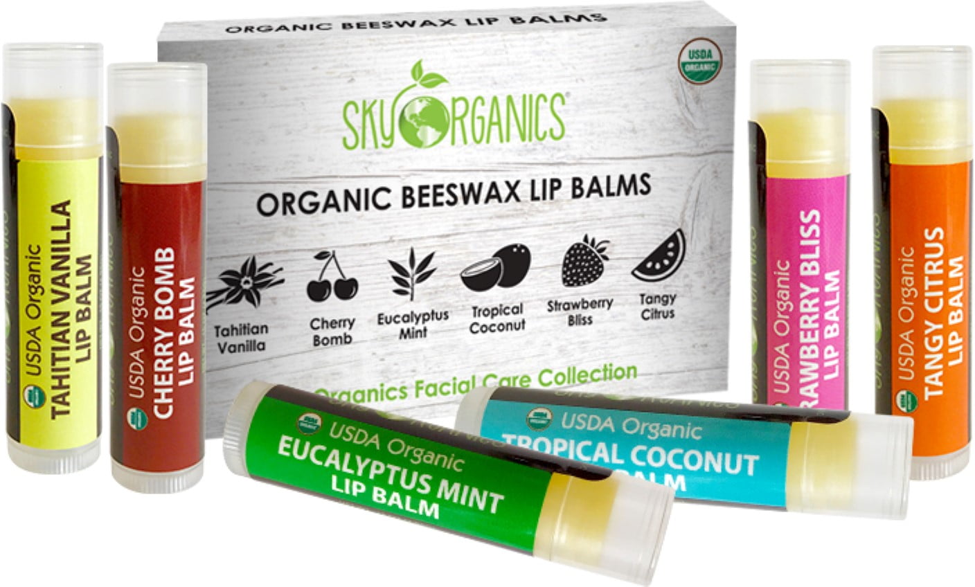 4 Pack Sky Organics USDA Organic Beeswax Lip Balms, Variety Pack, 6