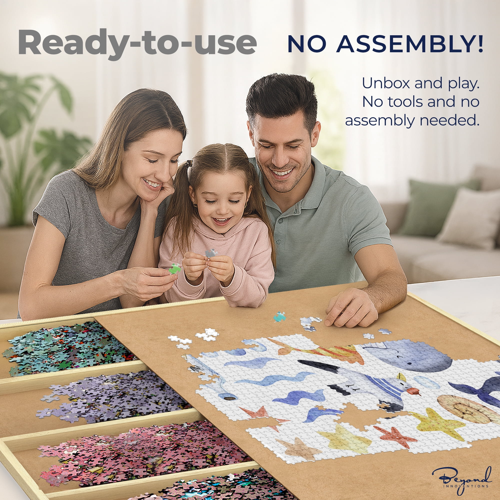 Beyond Innoventions 1000 Piece Wooden Jigsaw Puzzle Board -Portable Puzzles Tables for Adults, 30” x 22”, 4 Drawers