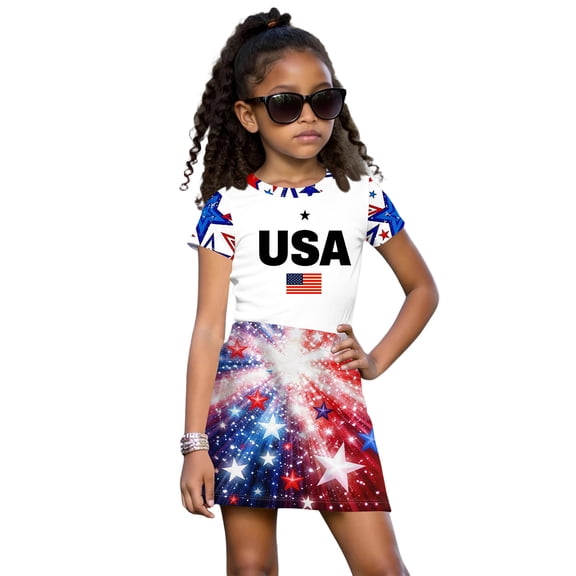 Girls Clothes Sets Big Girl 4th of July Outfit Short Sleeve Top Striped Star American Bottoms Pants Set