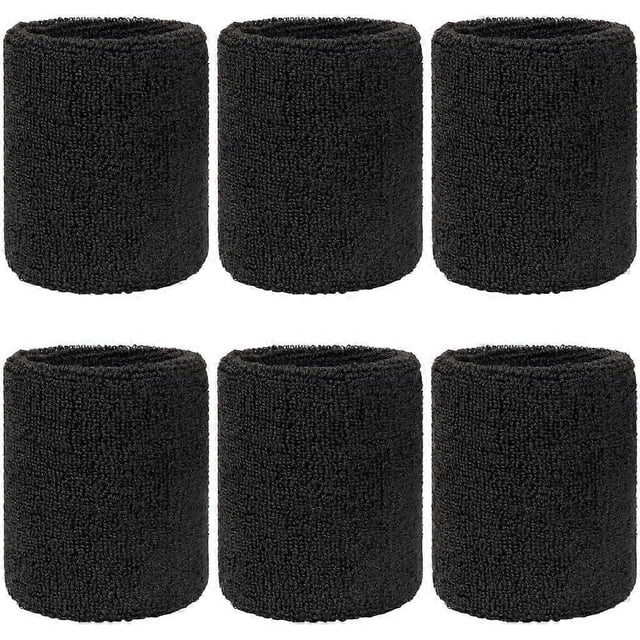 Sports Absorbent Wristbands for Men and Women - 6 Pack - Black Wristbands for the Gym, Tennis or Running - Absorbent Sponge Armband - Sponge Headband