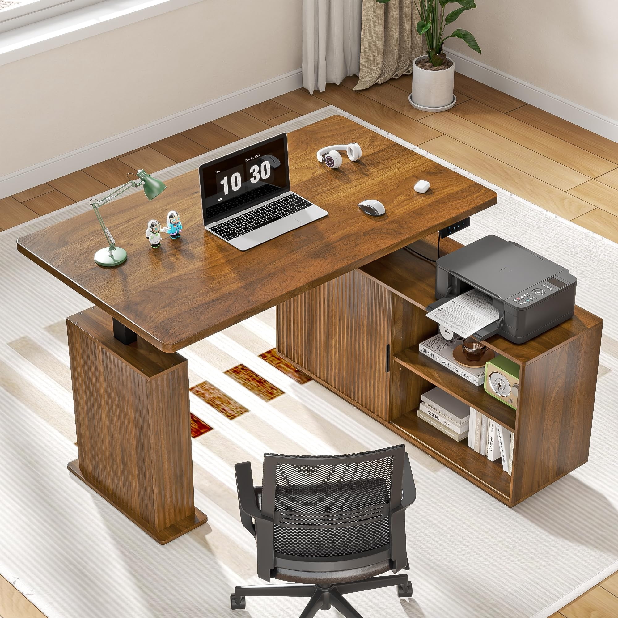 Electric L Shaped Standing Desk with Storage, 55" Mid Century Adjustable Height Sit Stand Desk