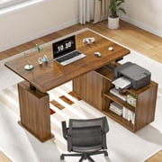 Electric L Shaped Standing Desk with Storage, 55 Mid Century Adjustable Height Sit Stand Desk