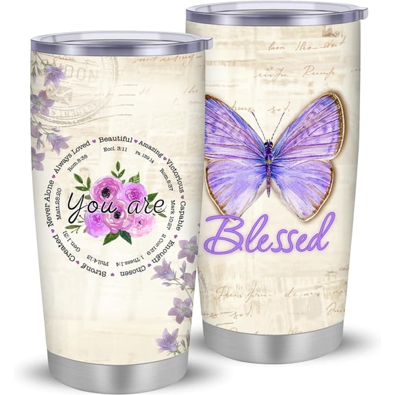 Christian Inspirational Gifts for Women ：Religious Gifts for Women - Blessed Butterfly Tumbler - Funny 20 Oz Stainless Steel Tumbler with Straw for Women Sister Mom