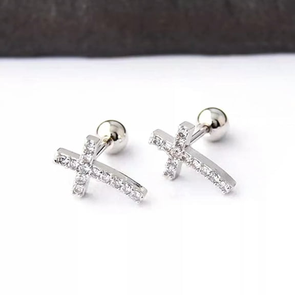 HOOUN Women Silver Irregular Cross Cartilage Earrings Screw Back Stud Surgical Steel