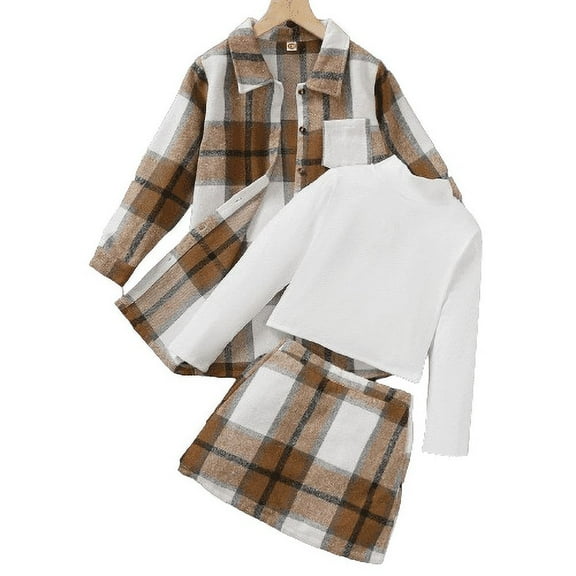 Mikrdoo 11T Kid Girls 12T Big Girls High Collar Solid Color Long Sleeve Shirt Spring Autumn Plaid Coat Elastic Skirts 3Pcs Clothing From 7-14Y Khaki