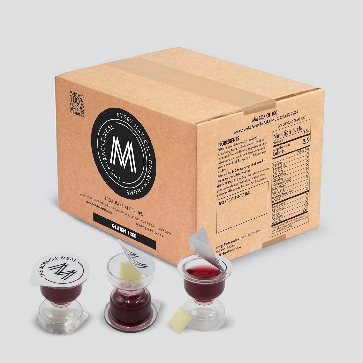 MM Pre-Packaged Gluten Free Premium Chalice Communion Cups | Box of 100 with Juice and Gluten-Free Wafer