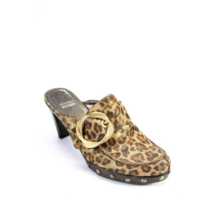 

Pre-owned|Stuart Weitzman Womens Metallic Suede Leopard Print Clogs Brown Size 7.5