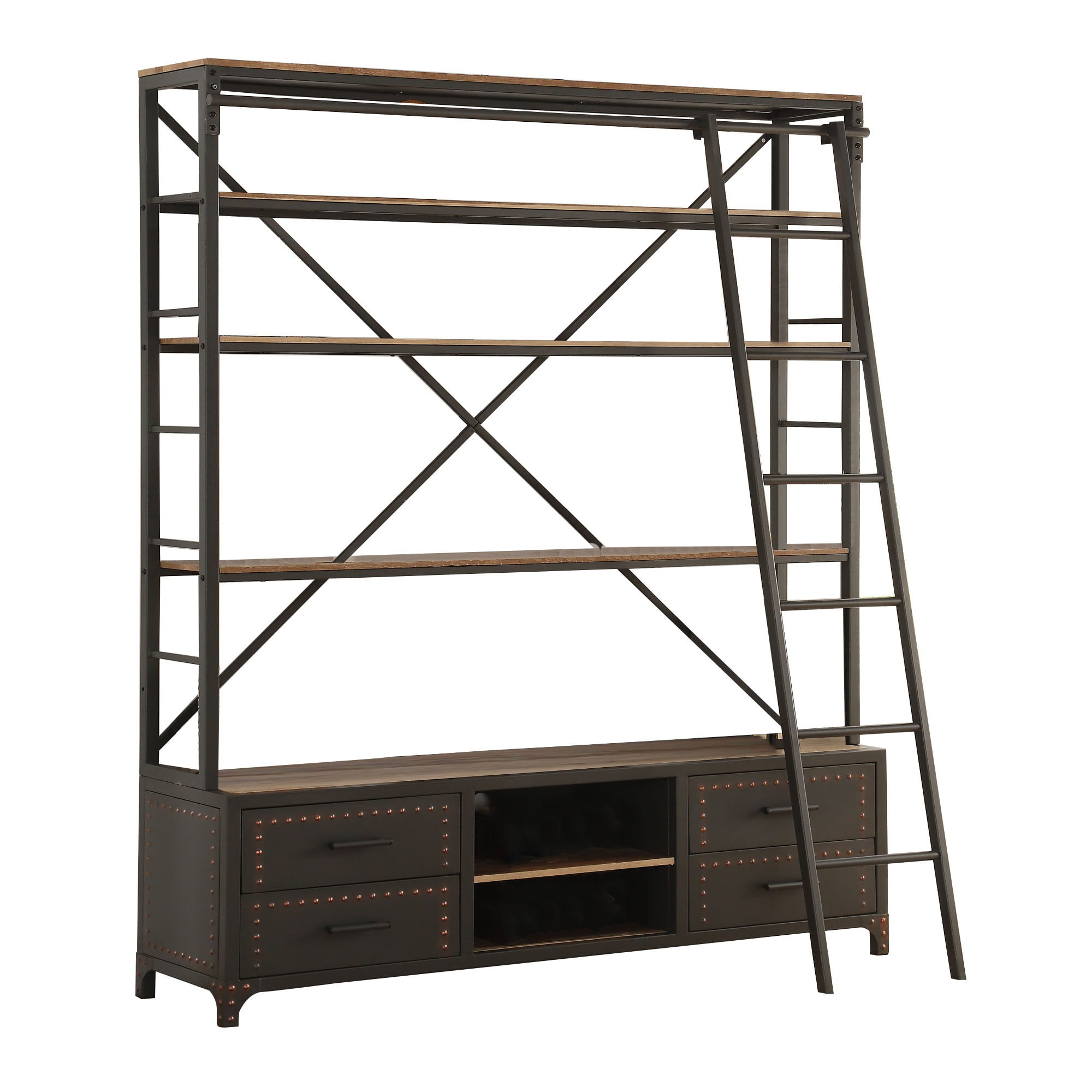 Wood and Metal Bookshelf with Built In Sliding Ladder, Gray and Brown