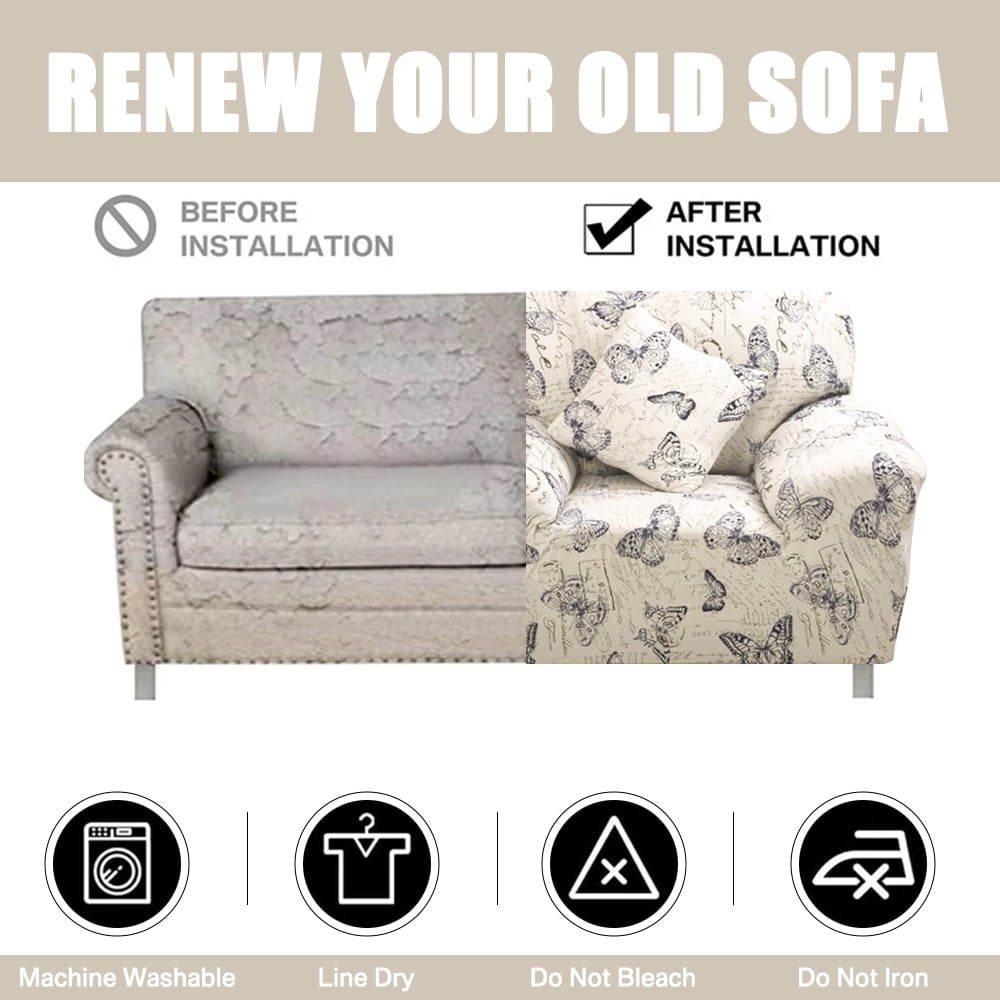NEWEEN Sofa Cover High Stretch Elastic Fabric 1 2 3 Seater Sofa Slipcover Chair Loveseat Couch Cover Polyester Spandex Furniture Protector Cover with 1 Pillowcase (3 Seater, Pattern #Butterfly)