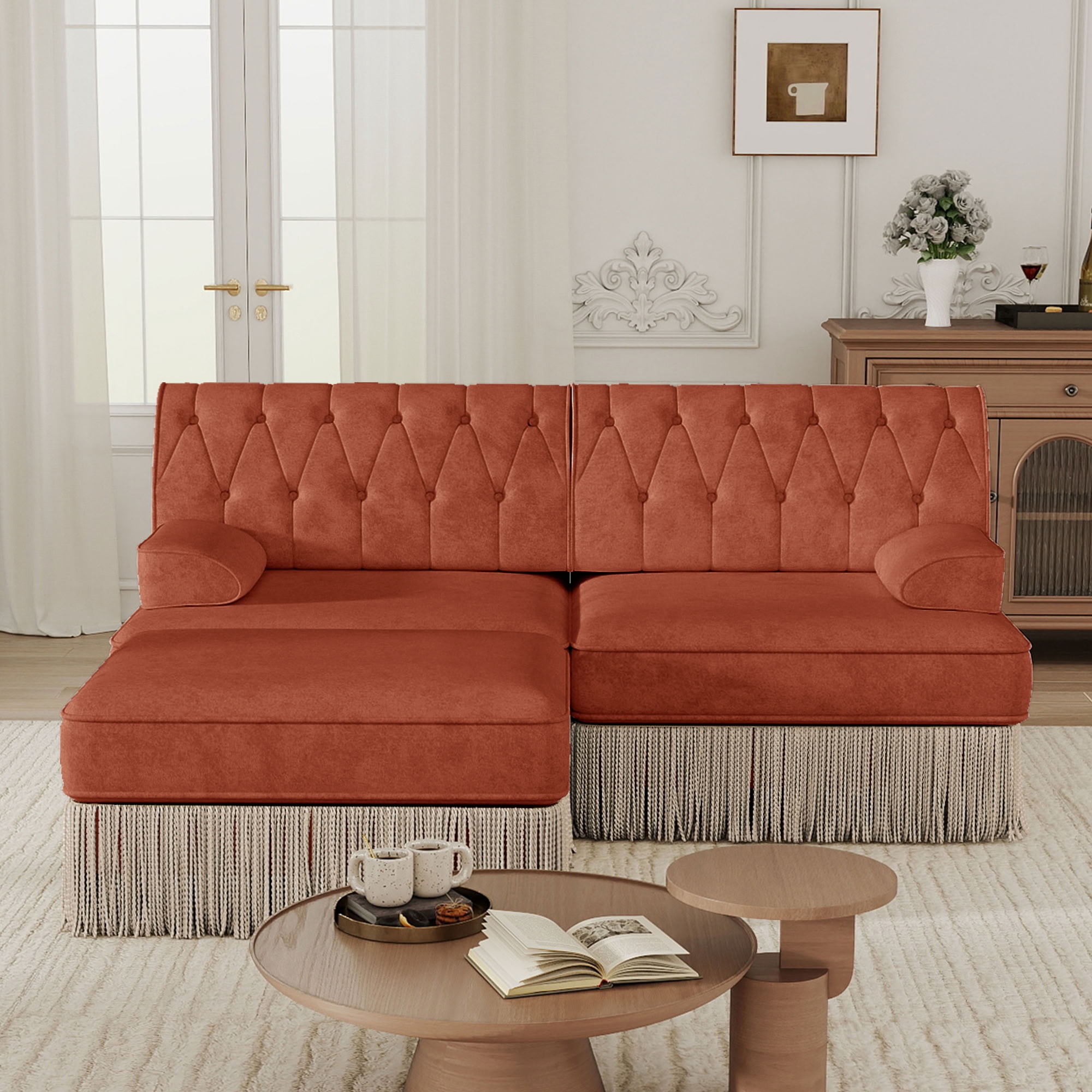 MAYEERTY L-Shaped Chesterfield Sofa, Modular Couch with Tassel & Ottoman, Solid Wood Base for Living Room Bedroom