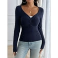 thumbnail image 4 of Women'S Long Sleeve Shirt V-Neck Buttons Ribbed Knit Slim Fit Casual Basic Spring Autumn Tops Blue M, 4 of 9