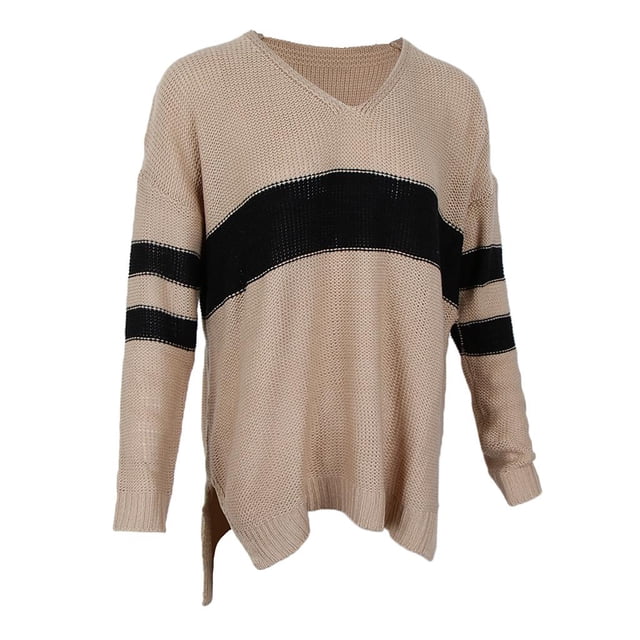 Suéter Cuello En V Sudadera Capucha Ropa Mujer Top Confortable Blando Casual Mujer Khaki M jinwen Suéter a rayas de mujer