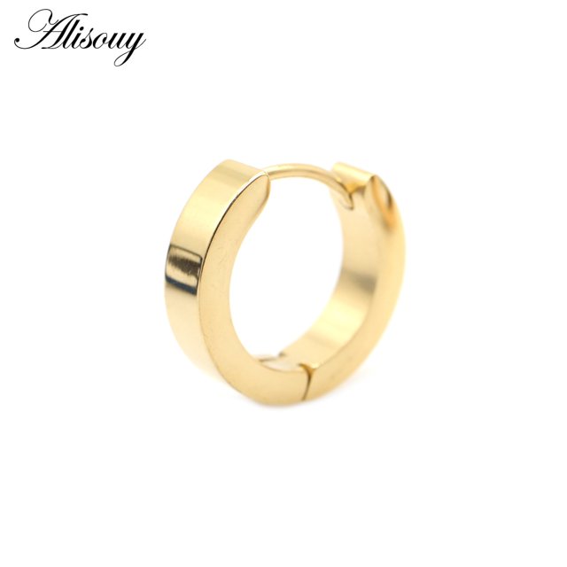 Alisouy 2 piezas Punk mujeres hombres pequeños Huggie pendientes Color dorado negro azul Acero inoxidable redondo suave círculo aro pendientes joyería Tan Jianjun unisex