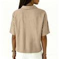 thumbnail image 4 of Women's Button Down Collared Shirt Short Sleeve Linen Blend Casual Loose Fit V Neck Summer Work Blouse Top 01-Khaki XXL, 4 of 4